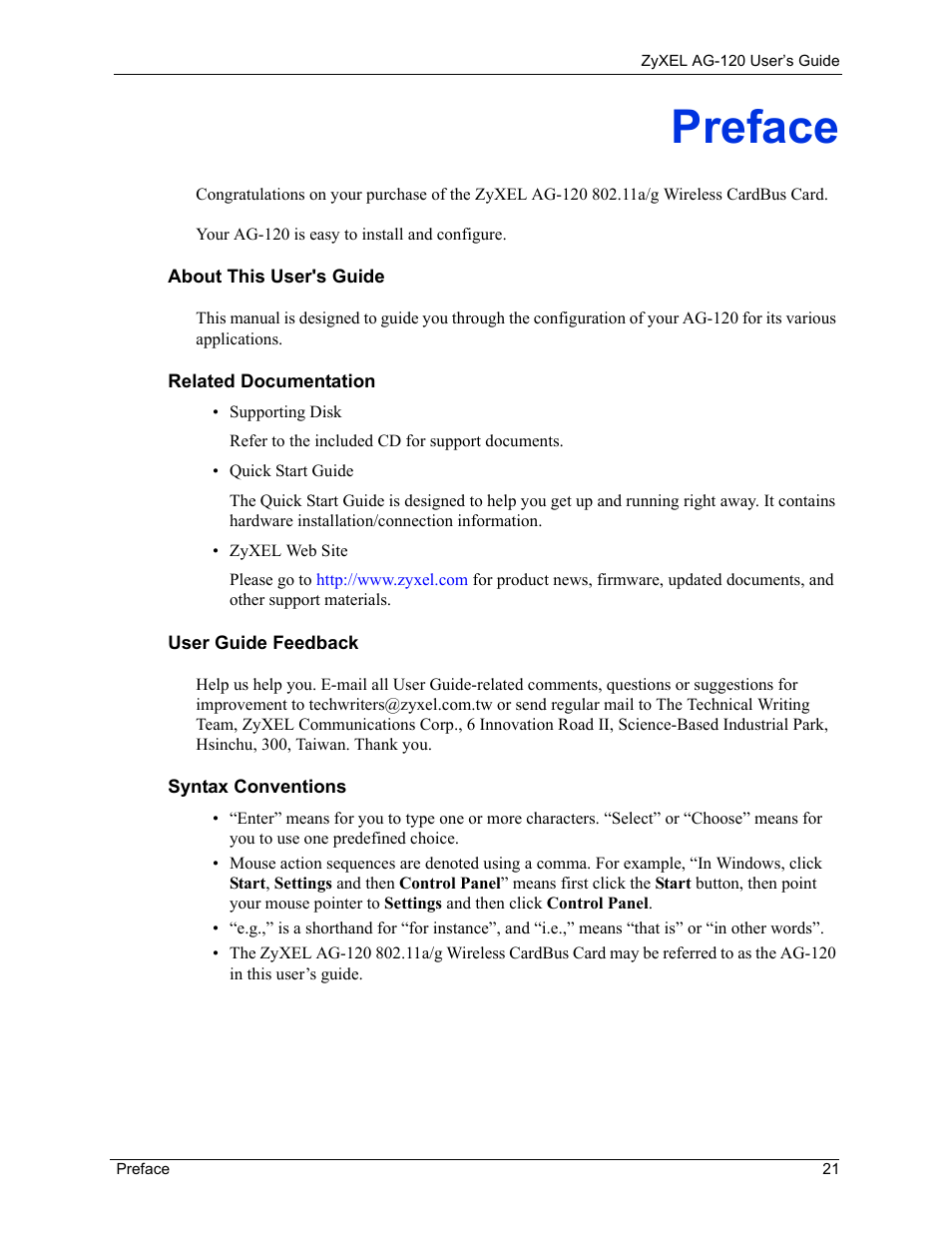 Preface | ZyXEL Communications 802.11a/g Wireless CardBus Card ZyXEL AG-120 User Manual | Page 21 / 119