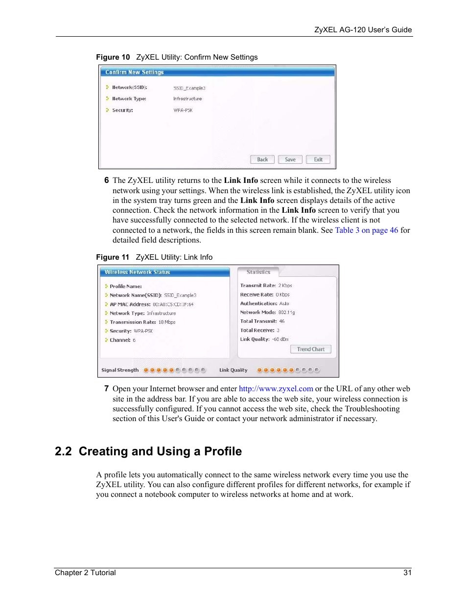 2 creating and using a profile | ZyXEL Communications 802.11a/g Wireless CardBus Card ZyXEL AG-120 User Manual | Page 31 / 119