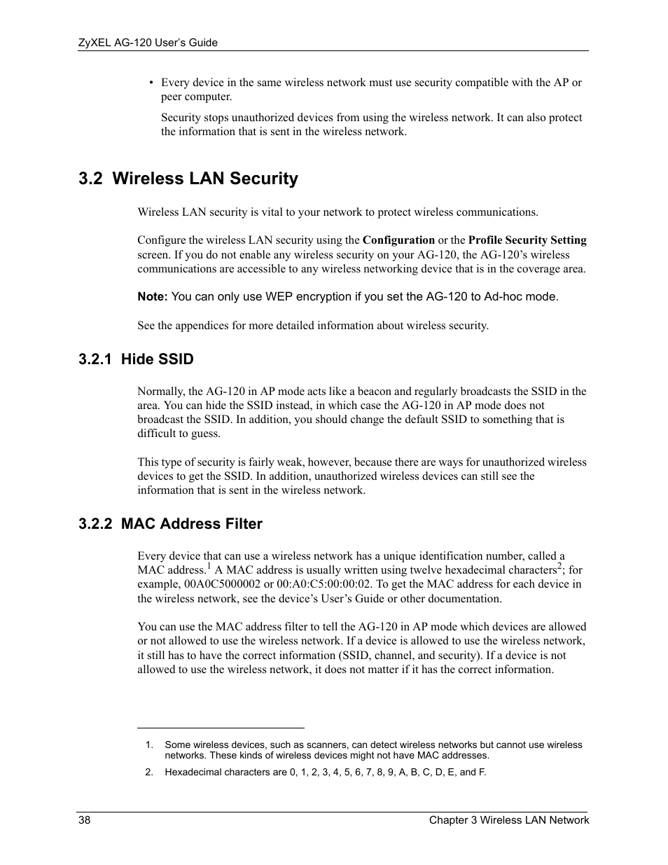 1 hide ssid, 2 mac address filter, 2 wireless lan security | 1 hide ssid 3.2.2 mac address filter | ZyXEL Communications 802.11a/g Wireless CardBus Card ZyXEL AG-120 User Manual | Page 38 / 119