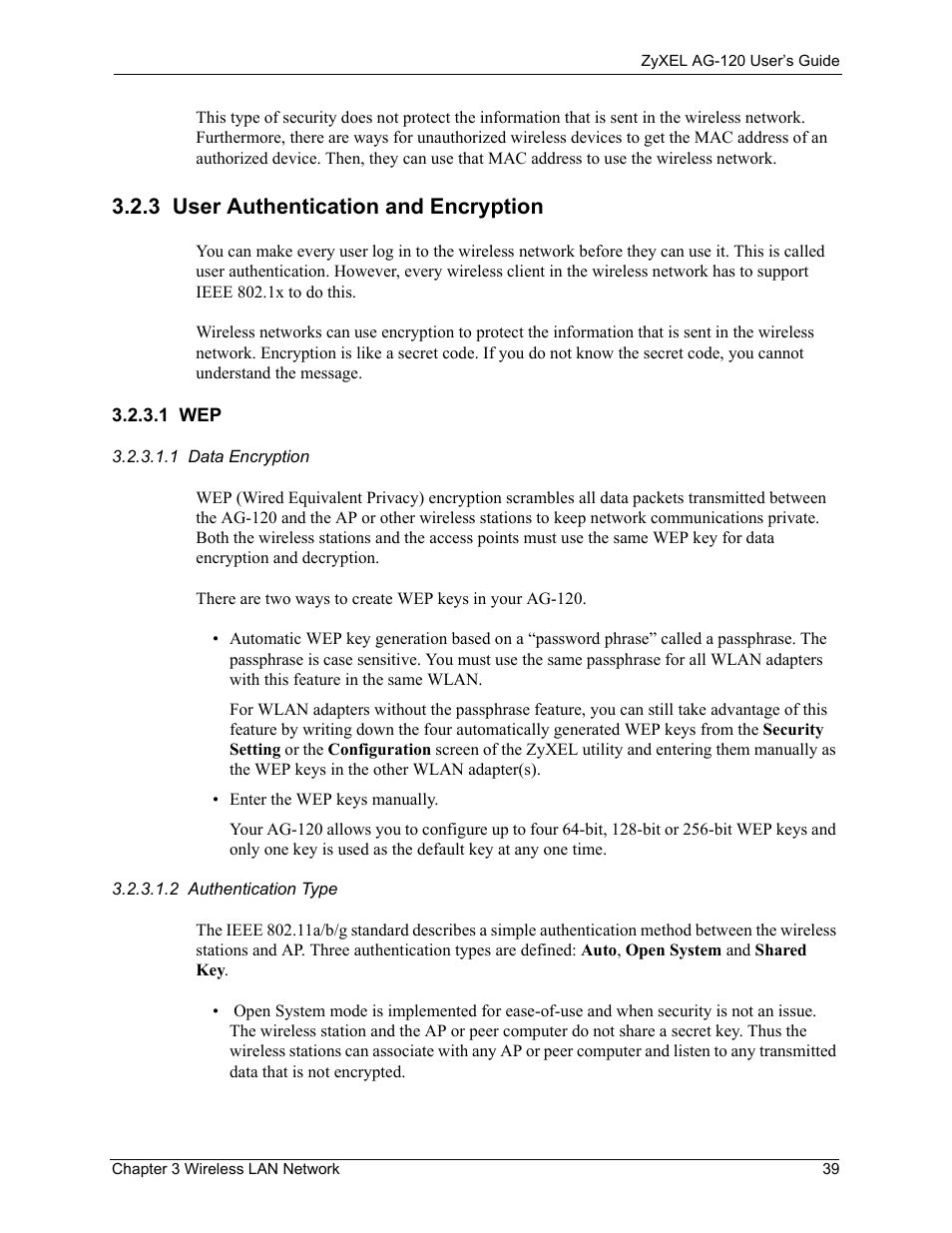 3 user authentication and encryption, 1 wep | ZyXEL Communications 802.11a/g Wireless CardBus Card ZyXEL AG-120 User Manual | Page 39 / 119