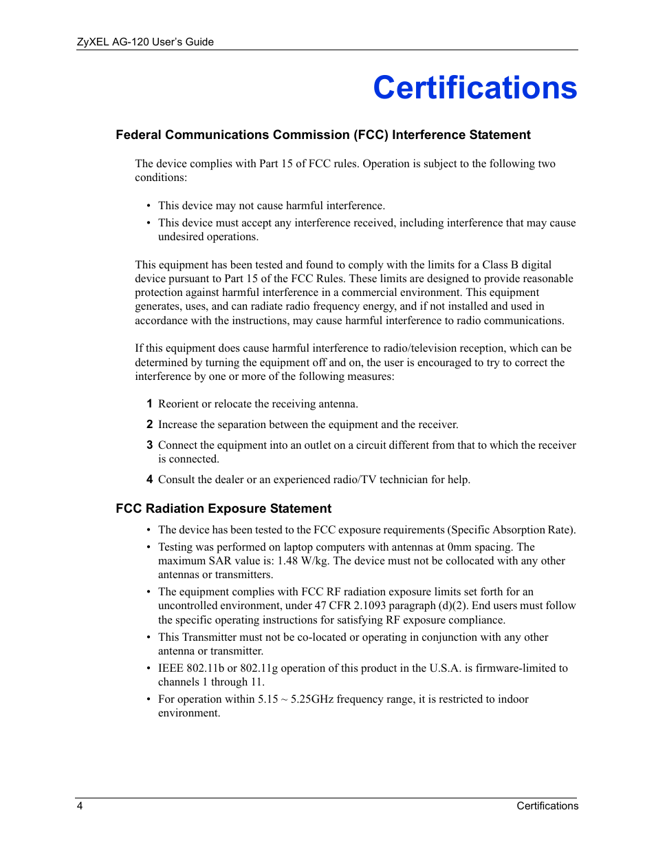 Certifications | ZyXEL Communications 802.11a/g Wireless CardBus Card ZyXEL AG-120 User Manual | Page 4 / 119
