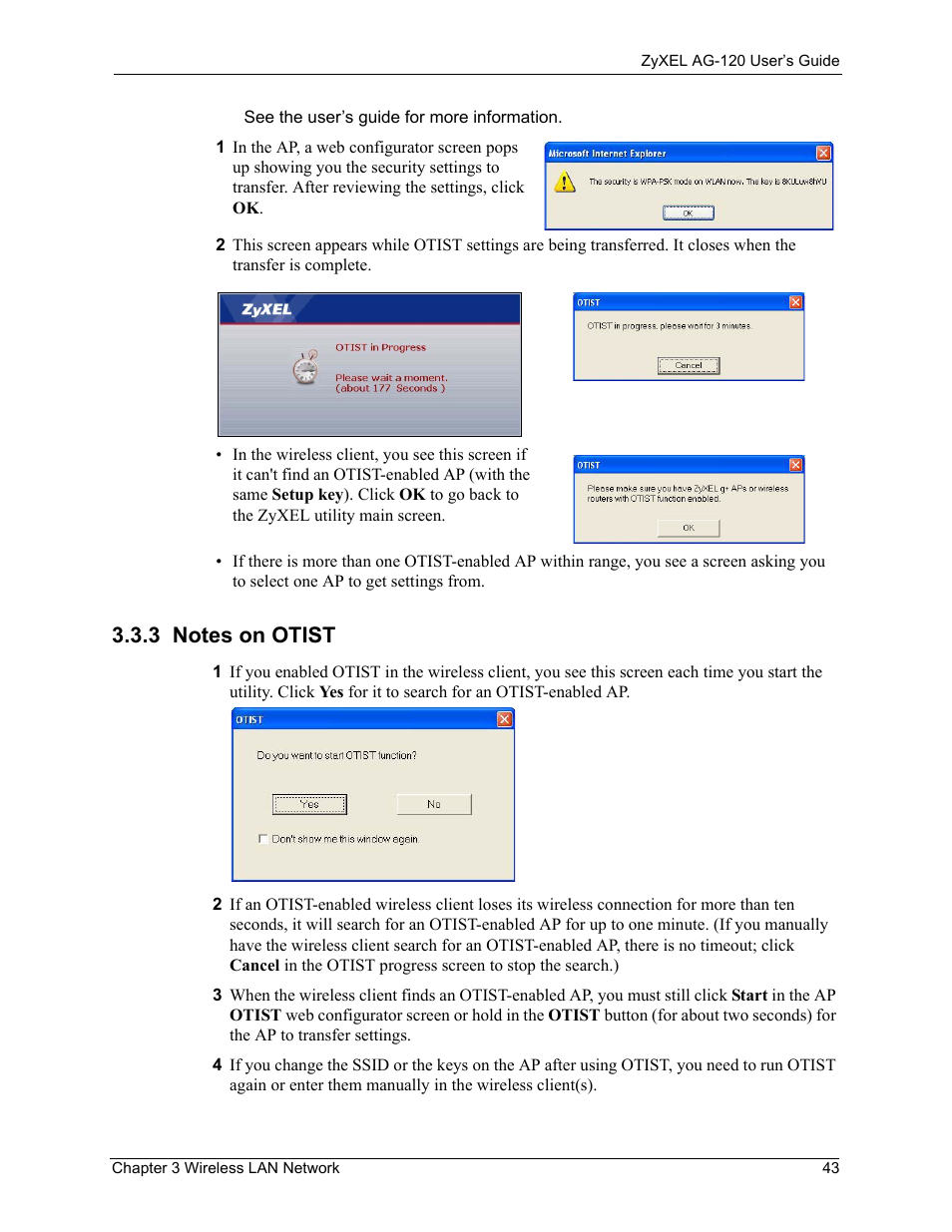 3 notes on otist | ZyXEL Communications 802.11a/g Wireless CardBus Card ZyXEL AG-120 User Manual | Page 43 / 119