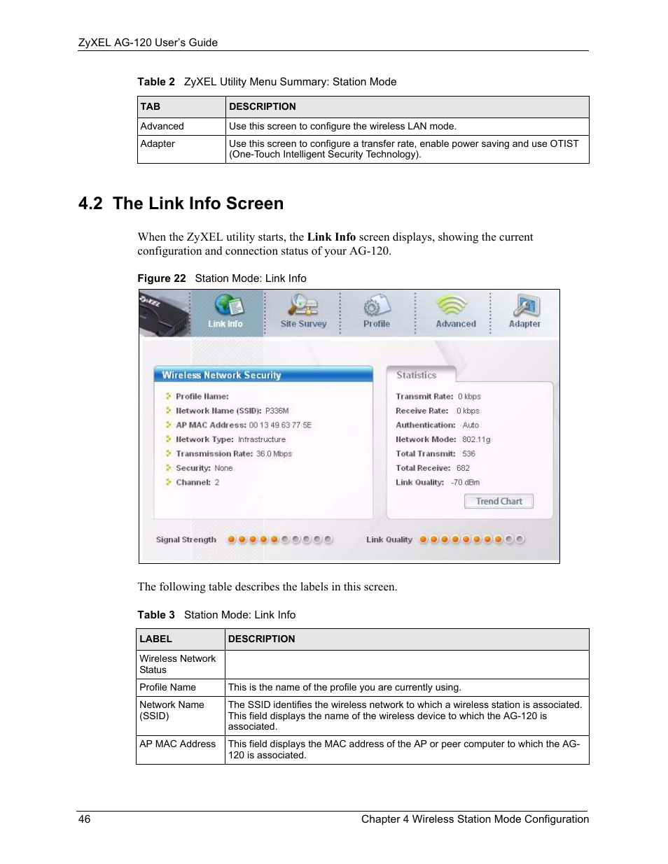 2 the link info screen, Figure 22 station mode: link info, Table 3 station mode: link info | ZyXEL Communications 802.11a/g Wireless CardBus Card ZyXEL AG-120 User Manual | Page 46 / 119