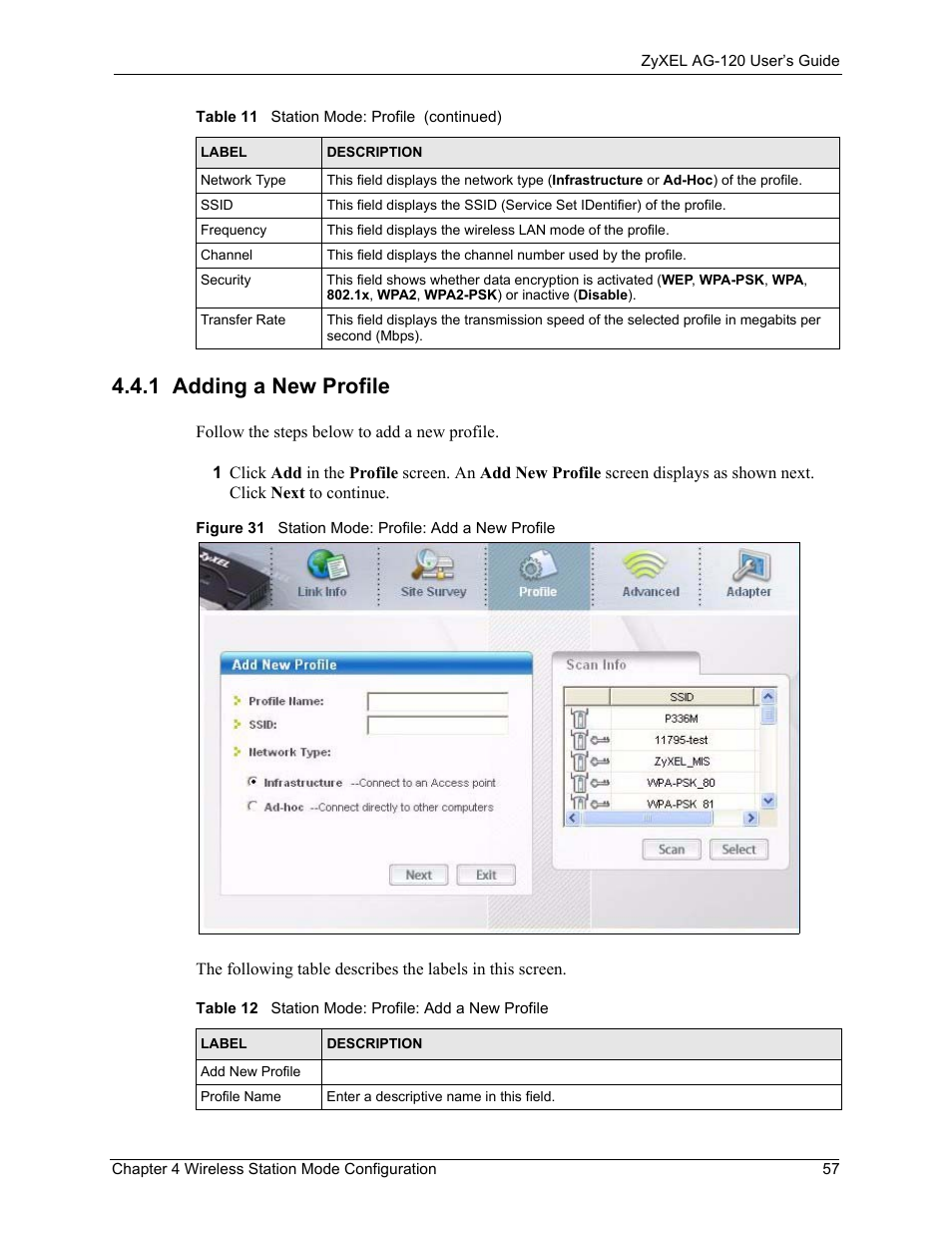 1 adding a new profile, Figure 31 station mode: profile: add a new profile, Table 12 station mode: profile: add a new profile | ZyXEL Communications 802.11a/g Wireless CardBus Card ZyXEL AG-120 User Manual | Page 57 / 119