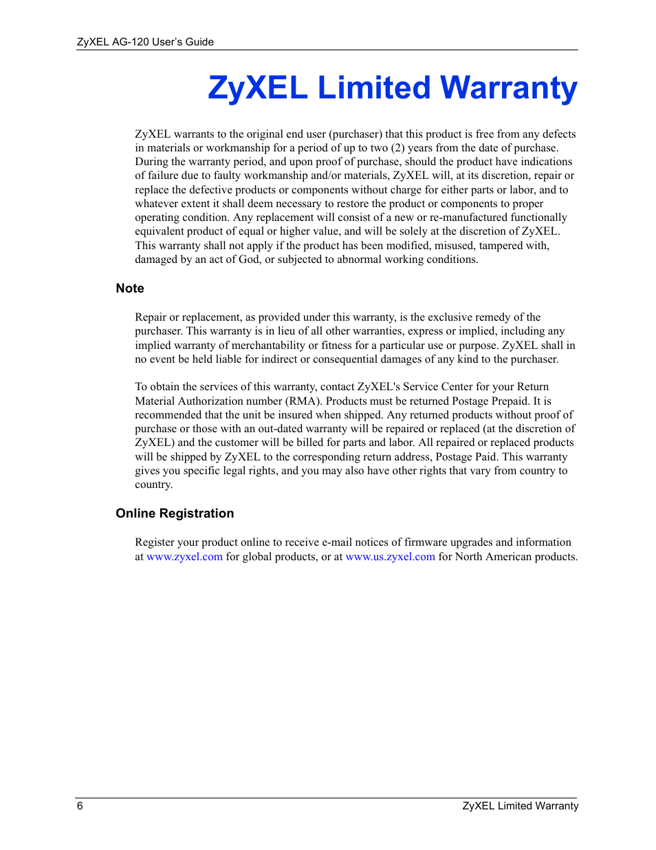 Zyxel limited warranty | ZyXEL Communications 802.11a/g Wireless CardBus Card ZyXEL AG-120 User Manual | Page 6 / 119