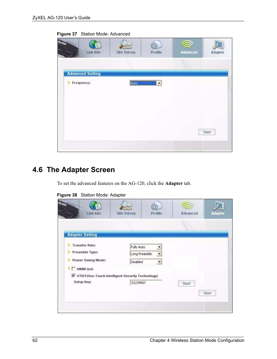 6 the adapter screen | ZyXEL Communications 802.11a/g Wireless CardBus Card ZyXEL AG-120 User Manual | Page 62 / 119