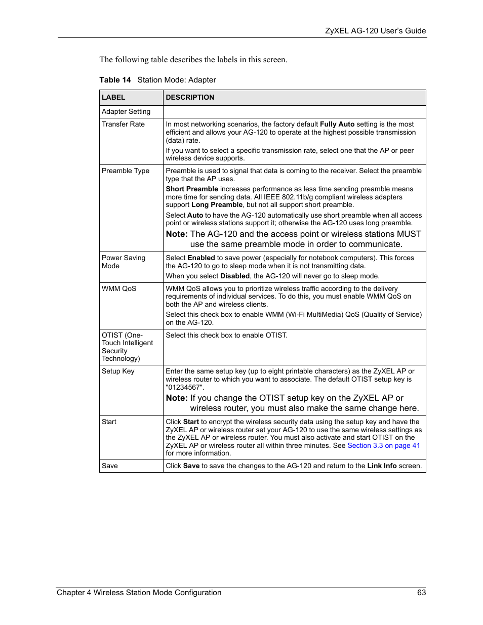 Table 14 station mode: adapter | ZyXEL Communications 802.11a/g Wireless CardBus Card ZyXEL AG-120 User Manual | Page 63 / 119