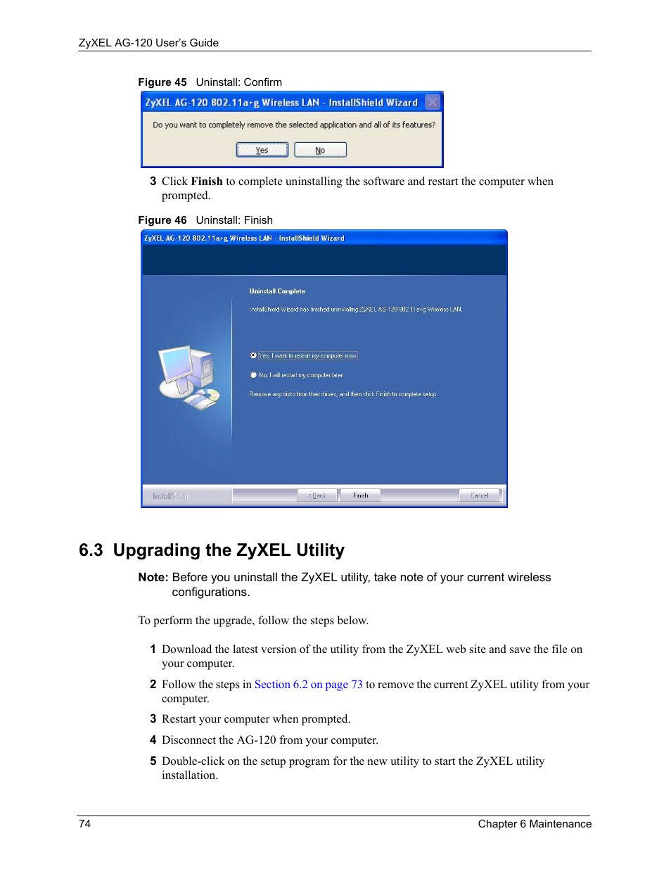 3 upgrading the zyxel utility | ZyXEL Communications 802.11a/g Wireless CardBus Card ZyXEL AG-120 User Manual | Page 74 / 119