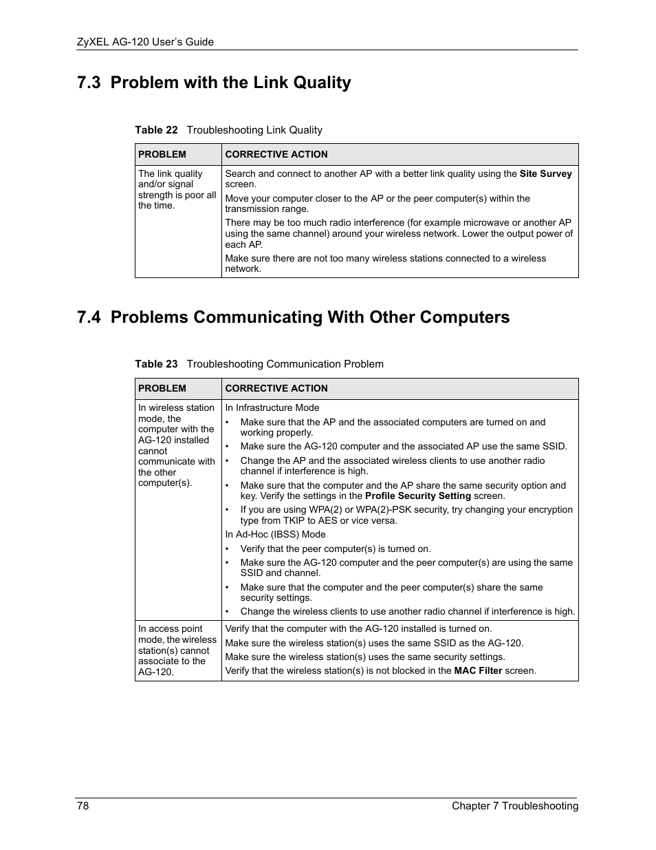 3 problem with the link quality, 4 problems communicating with other computers | ZyXEL Communications 802.11a/g Wireless CardBus Card ZyXEL AG-120 User Manual | Page 78 / 119