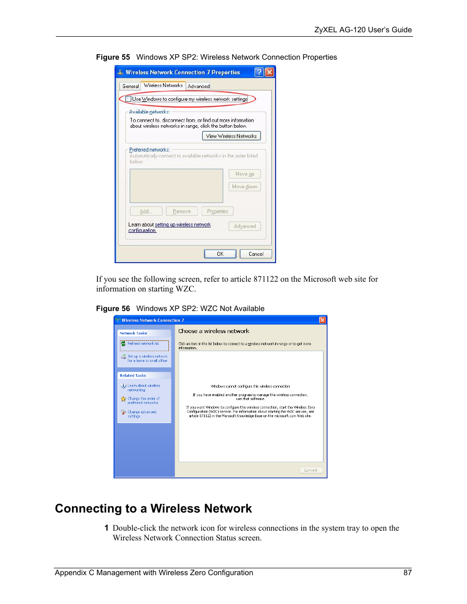 Connecting to a wireless network | ZyXEL Communications 802.11a/g Wireless CardBus Card ZyXEL AG-120 User Manual | Page 87 / 119