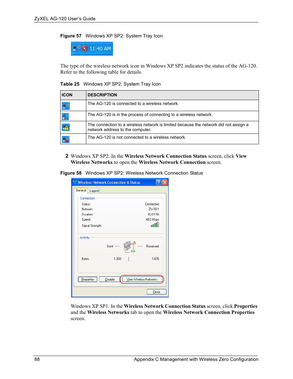 Table 25 windows xp sp2: system tray icon | ZyXEL Communications 802.11a/g Wireless CardBus Card ZyXEL AG-120 User Manual | Page 88 / 119