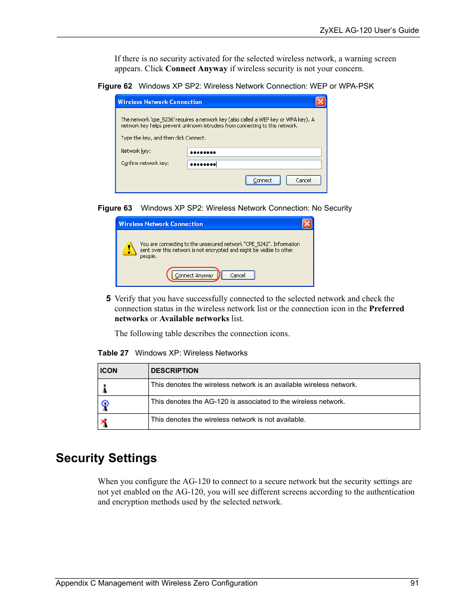 Security settings, Table 27 windows xp: wireless networks | ZyXEL Communications 802.11a/g Wireless CardBus Card ZyXEL AG-120 User Manual | Page 91 / 119