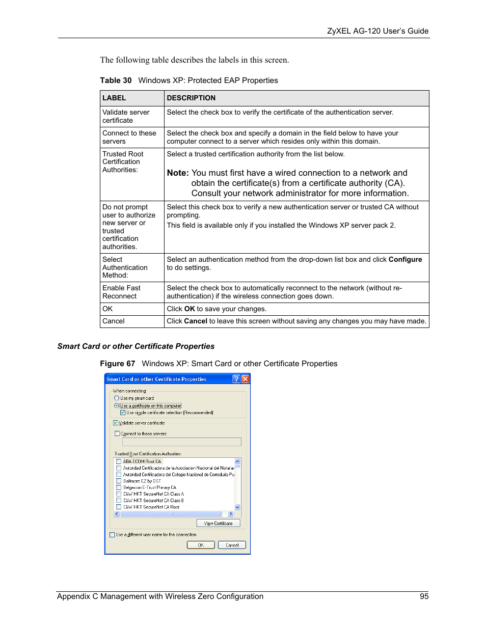 Table 30 windows xp: protected eap properties | ZyXEL Communications 802.11a/g Wireless CardBus Card ZyXEL AG-120 User Manual | Page 95 / 119