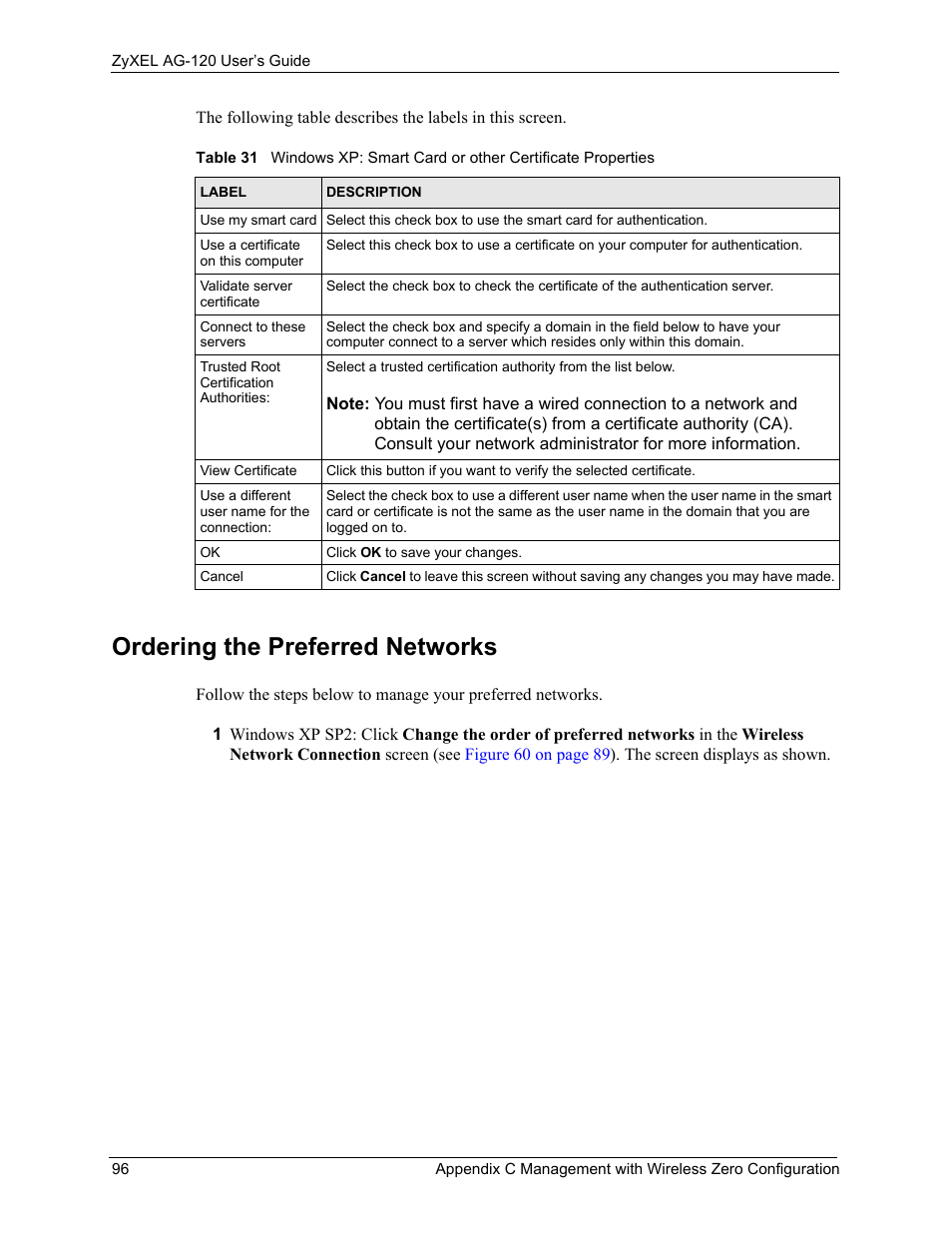 Ordering the preferred networks | ZyXEL Communications 802.11a/g Wireless CardBus Card ZyXEL AG-120 User Manual | Page 96 / 119
