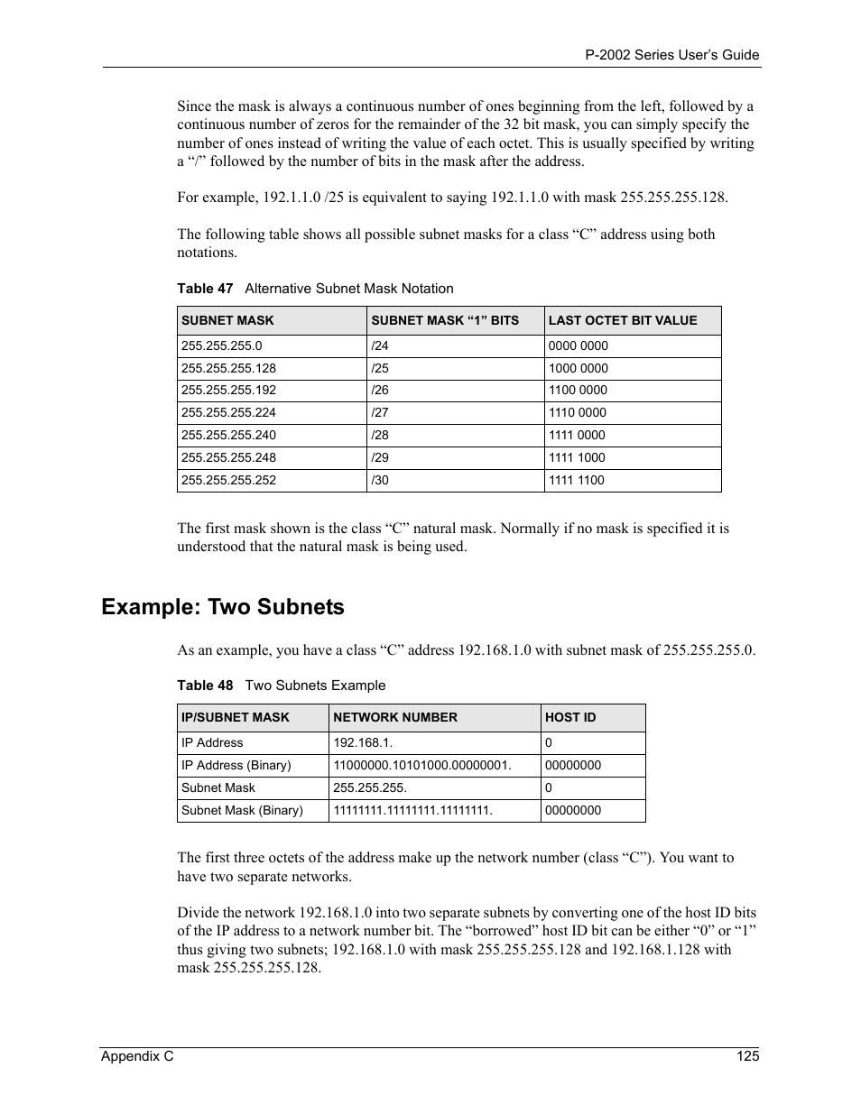 Example: two subnets | ZyXEL Communications P-2002 User Manual | Page 125 / 168