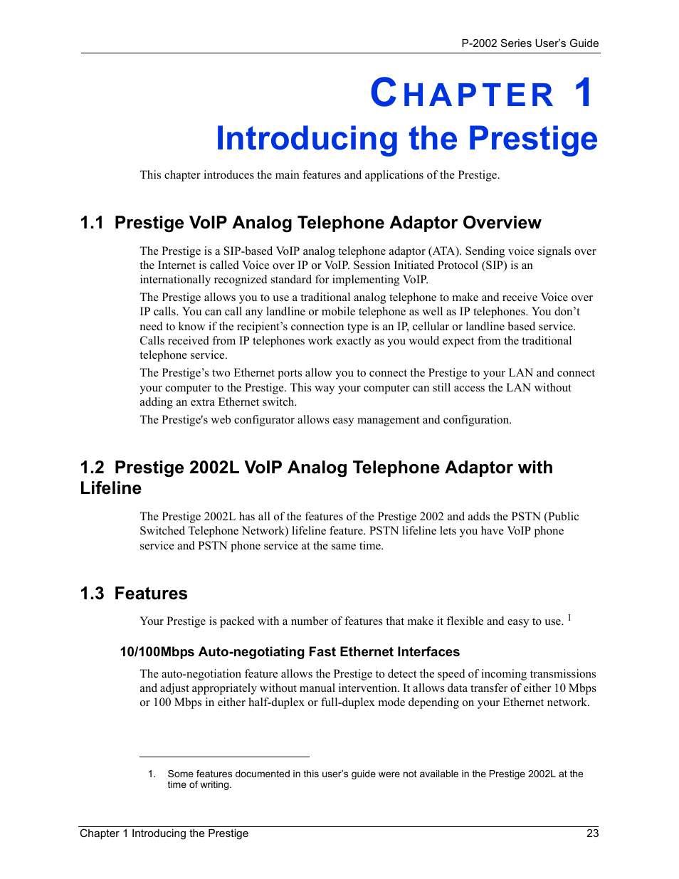 Introducing the prestige, 1 prestige voip analog telephone adaptor overview, 3 features | Chapter 1 introducing the prestige | ZyXEL Communications P-2002 User Manual | Page 23 / 168