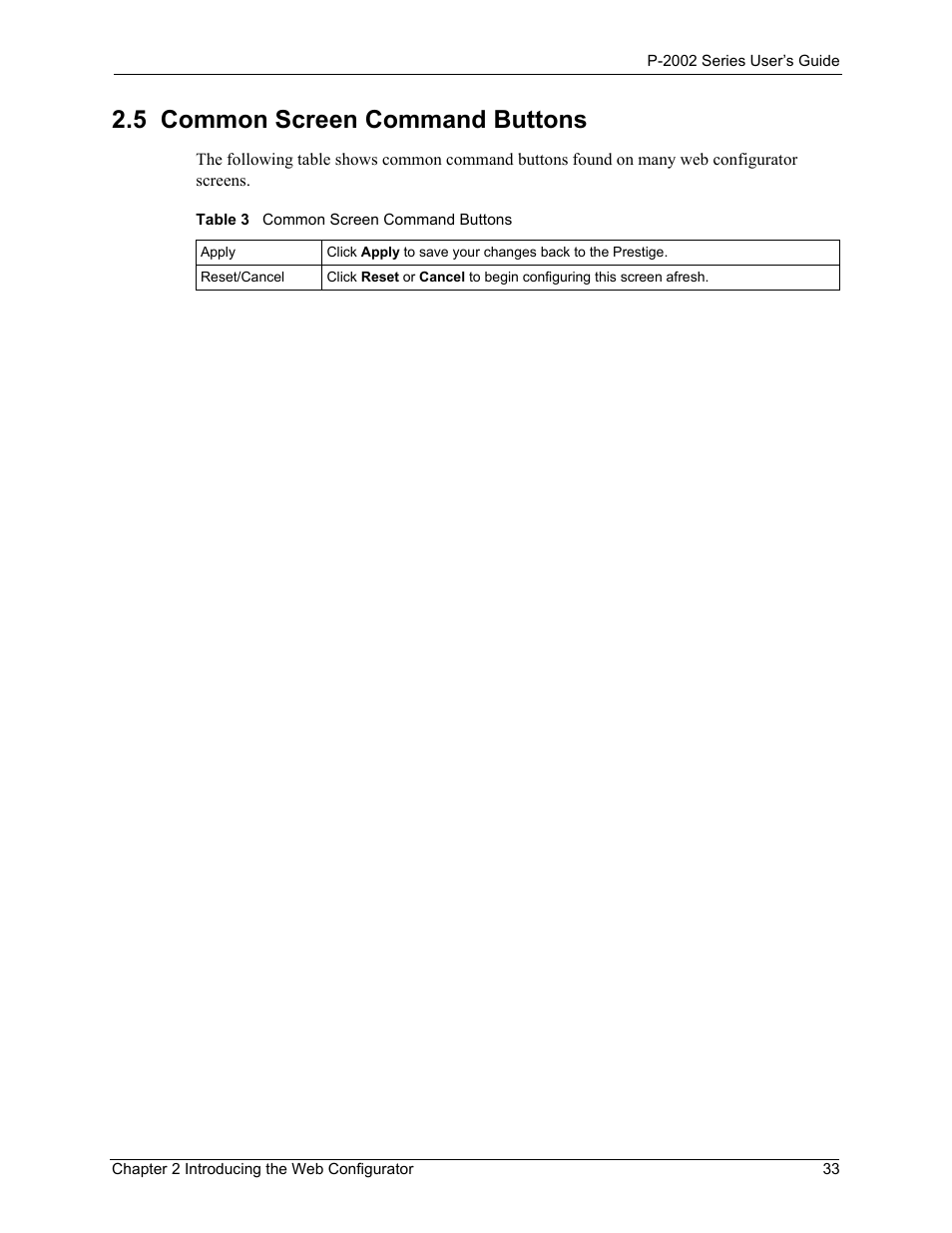 5 common screen command buttons, Table 3 common screen command buttons | ZyXEL Communications P-2002 User Manual | Page 33 / 168