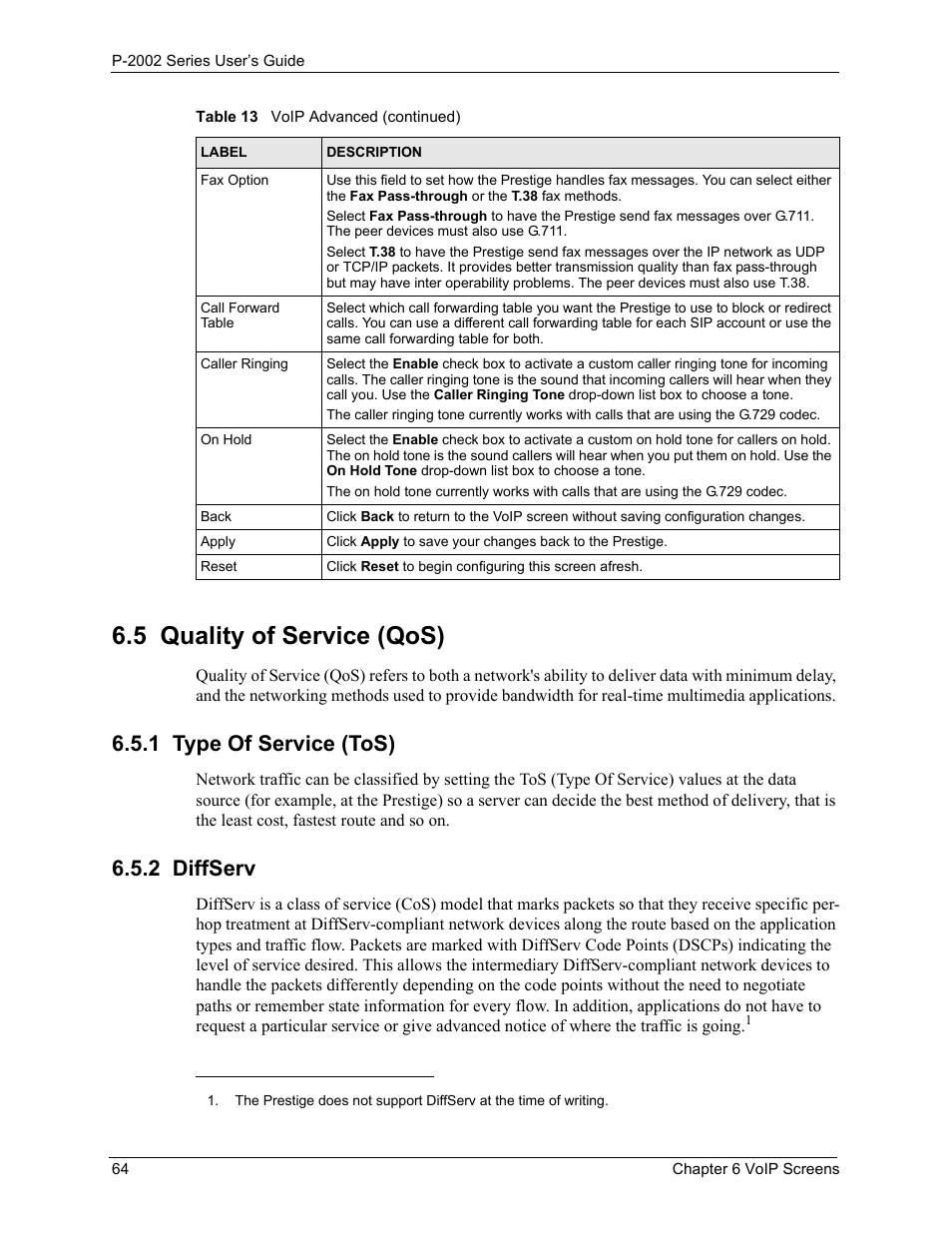 5 quality of service (qos), 1 type of service (tos), 2 diffserv | 1 type of service (tos) 6.5.2 diffserv | ZyXEL Communications P-2002 User Manual | Page 64 / 168