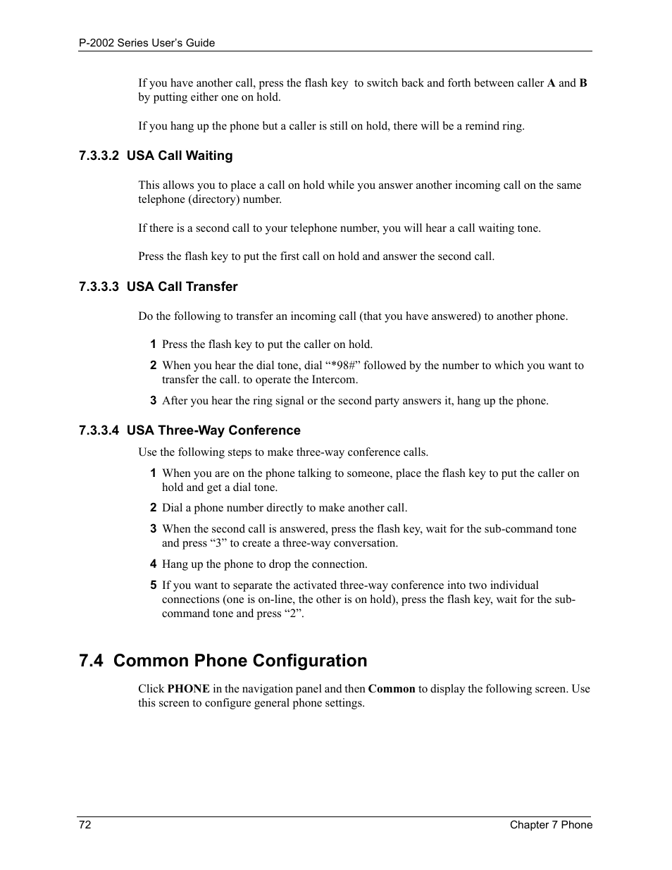 2 usa call waiting, 3 usa call transfer, 4 usa three-way conference | 4 common phone configuration | ZyXEL Communications P-2002 User Manual | Page 72 / 168