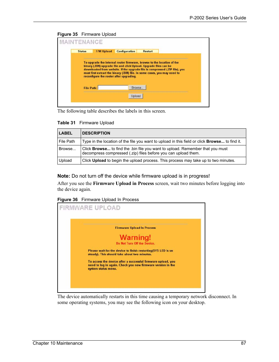 Table 31 firmware upload | ZyXEL Communications P-2002 User Manual | Page 87 / 168