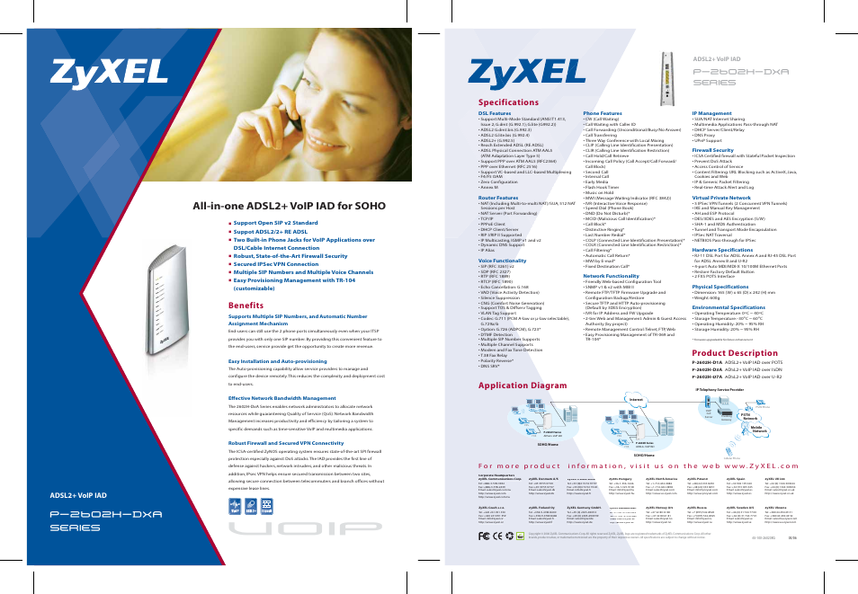 Voip, All-in-one adsl2+ voip iad for soho, Benefits | Adsl2+ voip iad | ZyXEL Communications P-2602H-DXA User Manual | Page 2 / 2