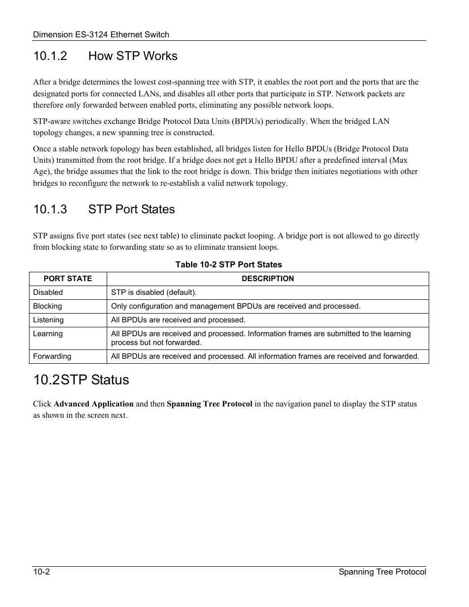 Stp port states, Stp status, 2 stp status | 2 how stp works, 3 stp port states | ZyXEL Communications ZyXEL Dimension ES-3124 User Manual | Page 100 / 272