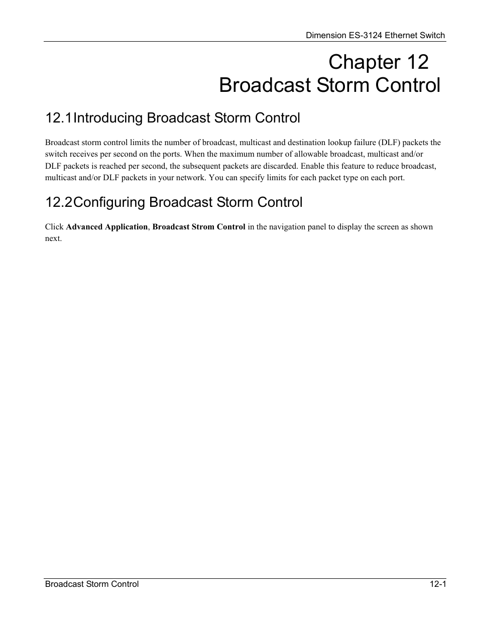 Broadcast storm control, Introducing broadcast storm control, Configuring broadcast storm control | Chapter 12 broadcast storm control | ZyXEL Communications ZyXEL Dimension ES-3124 User Manual | Page 111 / 272