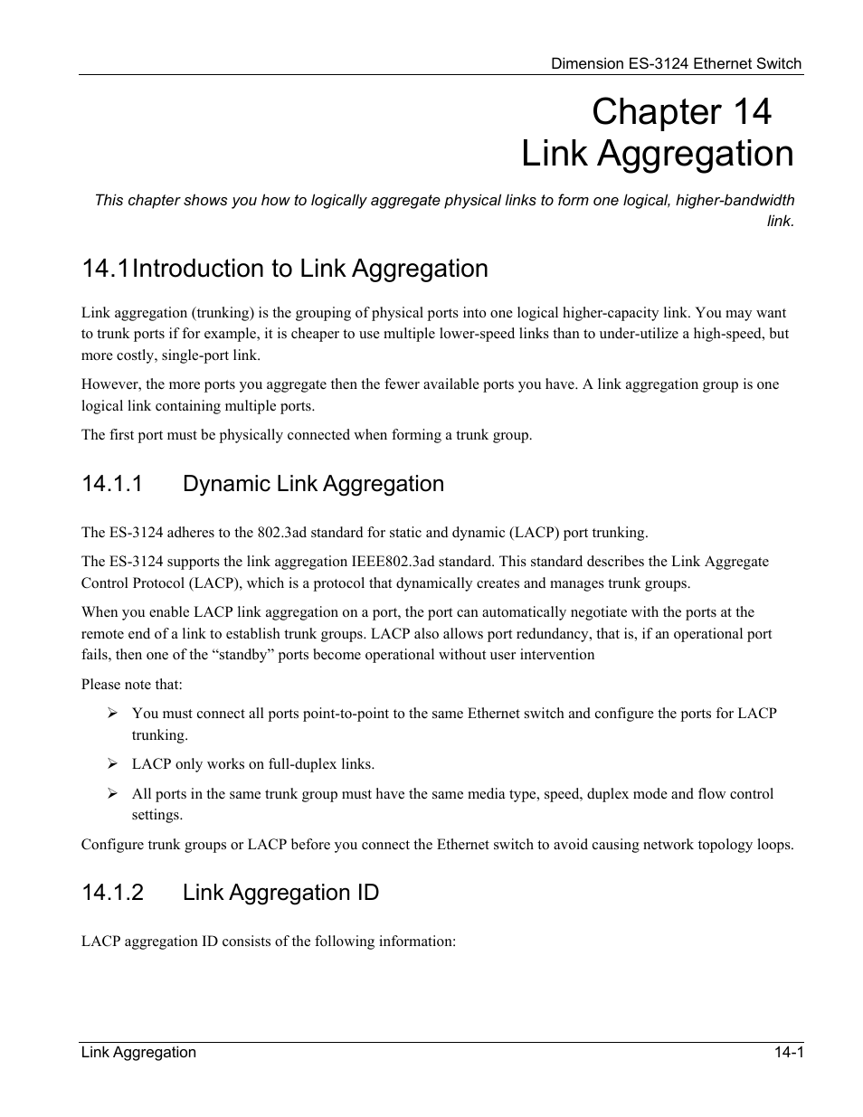 Link aggregation, Introduction to link aggregation, Dynamic link aggregation | Link aggregation id, Chapter 14 link aggregation, 1 introduction to link aggregation, 1 dynamic link aggregation, 2 link aggregation id | ZyXEL Communications ZyXEL Dimension ES-3124 User Manual | Page 119 / 272