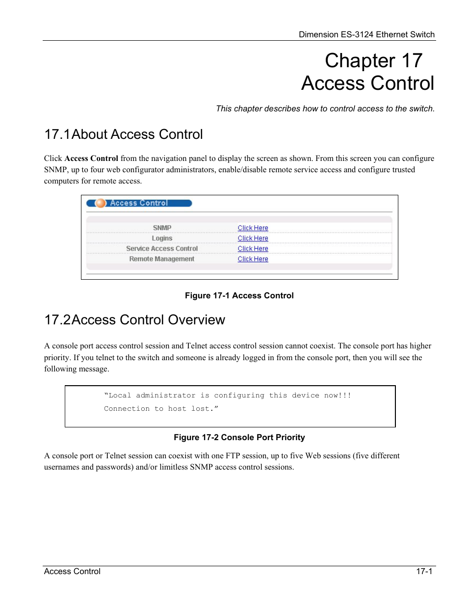 Access control, About access control, Access control overview | Chapter 17 access control, 1 about access control, 2 access control overview | ZyXEL Communications ZyXEL Dimension ES-3124 User Manual | Page 133 / 272