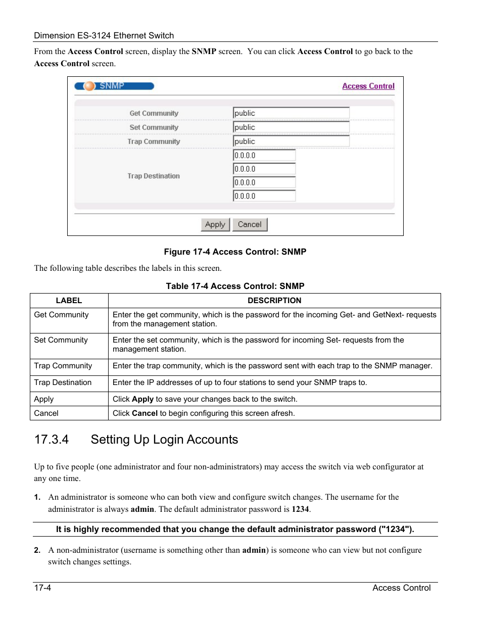 Setting up login accounts, 4 setting up login accounts | ZyXEL Communications ZyXEL Dimension ES-3124 User Manual | Page 136 / 272