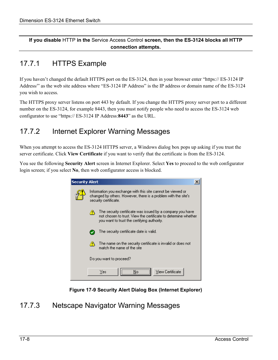 Https example, Internet explorer warning messages, Netscape navigator warning messages | 2 internet explorer warning messages, 3 netscape navigator warning messages | ZyXEL Communications ZyXEL Dimension ES-3124 User Manual | Page 140 / 272