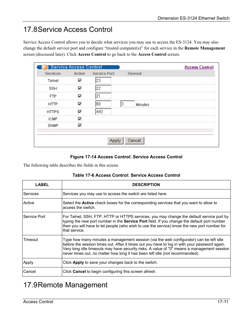 Service access control, Remote management, 8 service access control | 9 remote management | ZyXEL Communications ZyXEL Dimension ES-3124 User Manual | Page 143 / 272