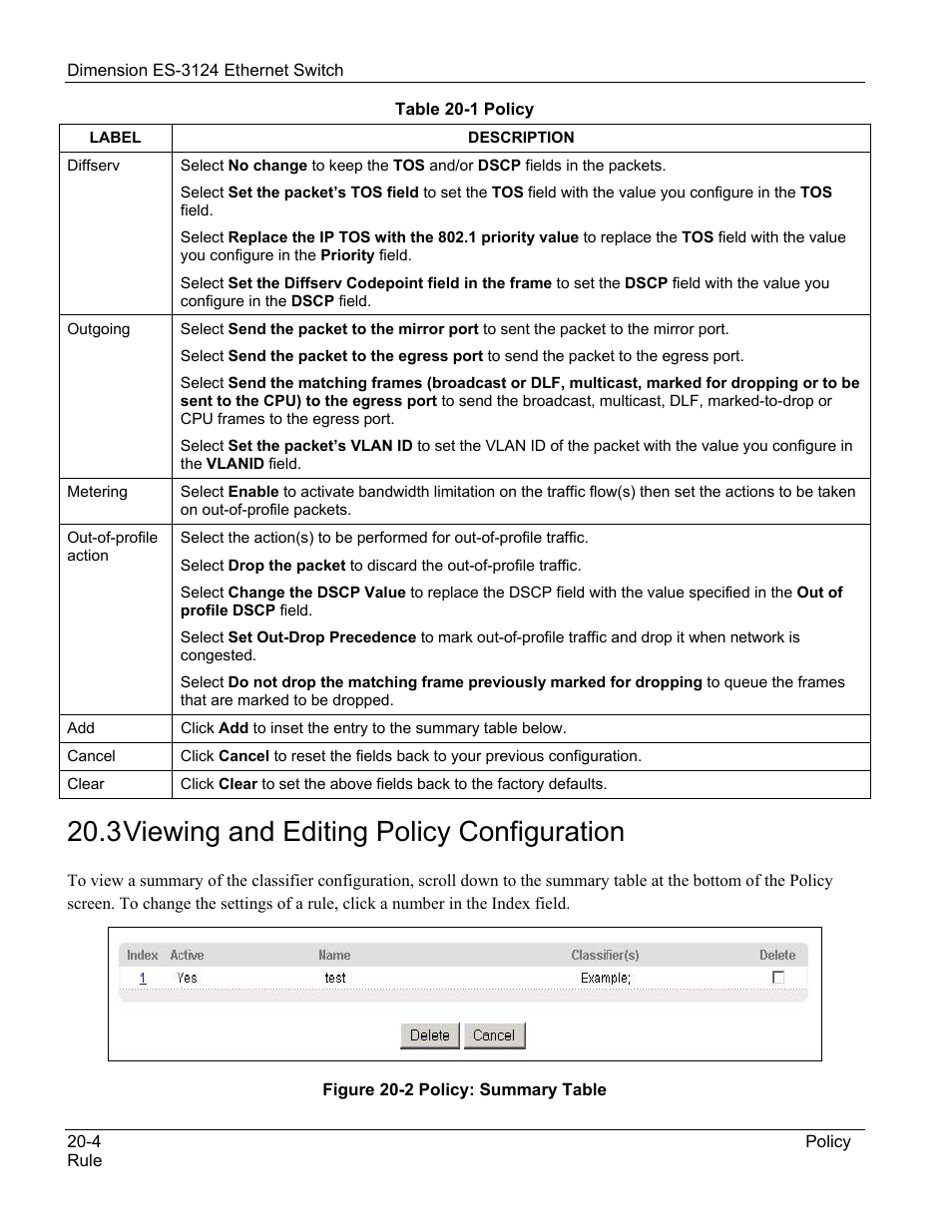 Viewing and editing policy configuration, 3 viewing and editing policy configuration | ZyXEL Communications ZyXEL Dimension ES-3124 User Manual | Page 158 / 272