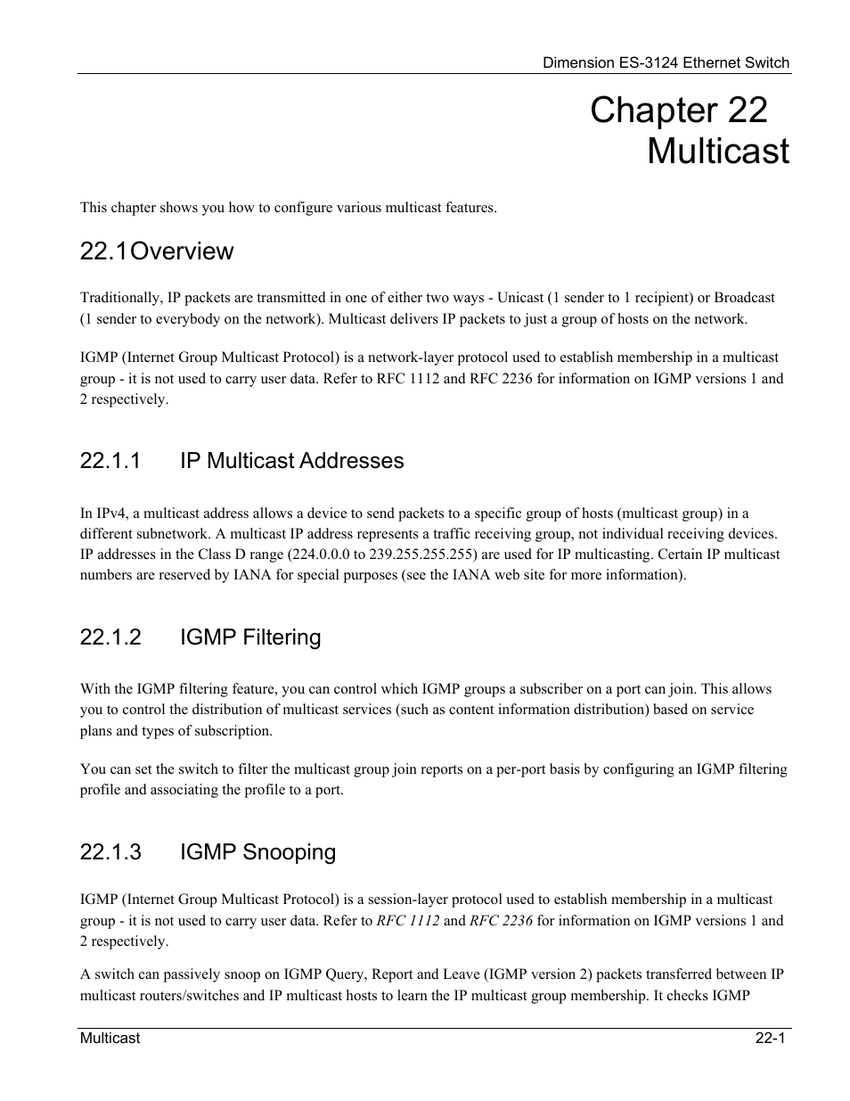 Multicast, Overview, Chapter 22 multicast | 1 overview | ZyXEL Communications ZyXEL Dimension ES-3124 User Manual | Page 167 / 272