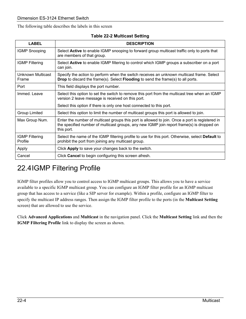 Igmp filtering profile, 4 igmp filtering profile | ZyXEL Communications ZyXEL Dimension ES-3124 User Manual | Page 170 / 272
