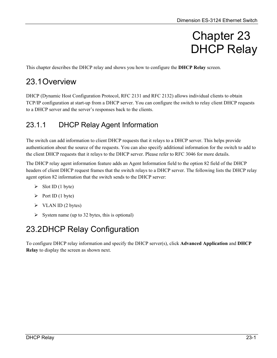 Dhcp relay, Overview, Dhcp relay configuration | Chapter 23 dhcp relay, 1 overview, 2 dhcp relay configuration | ZyXEL Communications ZyXEL Dimension ES-3124 User Manual | Page 181 / 272