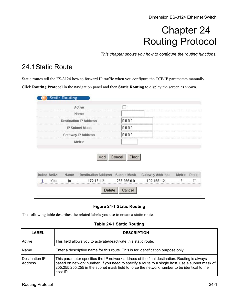 Routing protocol, Static route, Chapter 24 routing protocol | 1 static route | ZyXEL Communications ZyXEL Dimension ES-3124 User Manual | Page 185 / 272