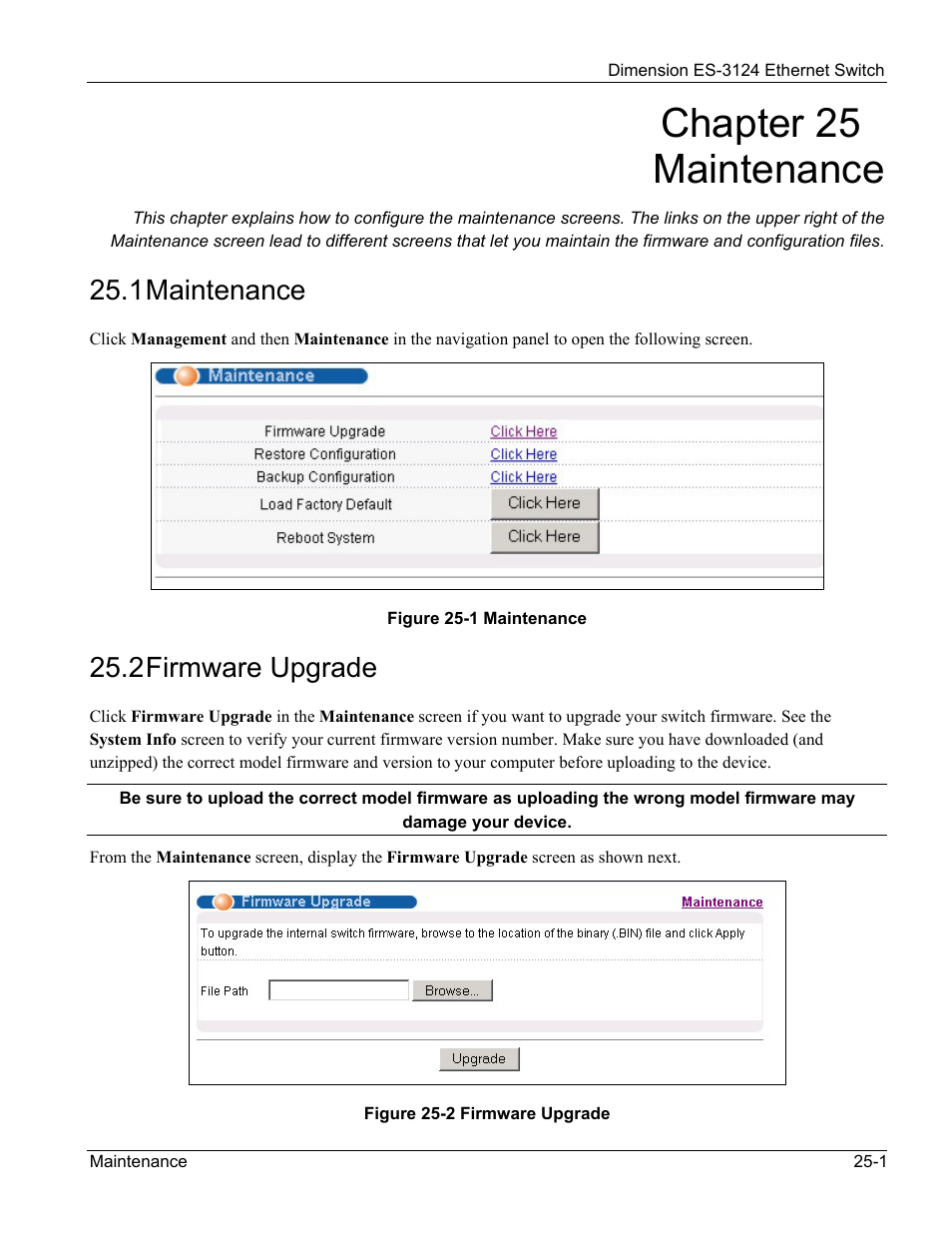 Maintenance, Firmware upgrade, Chapter 25 maintenance | 1 maintenance, 2 firmware upgrade | ZyXEL Communications ZyXEL Dimension ES-3124 User Manual | Page 189 / 272