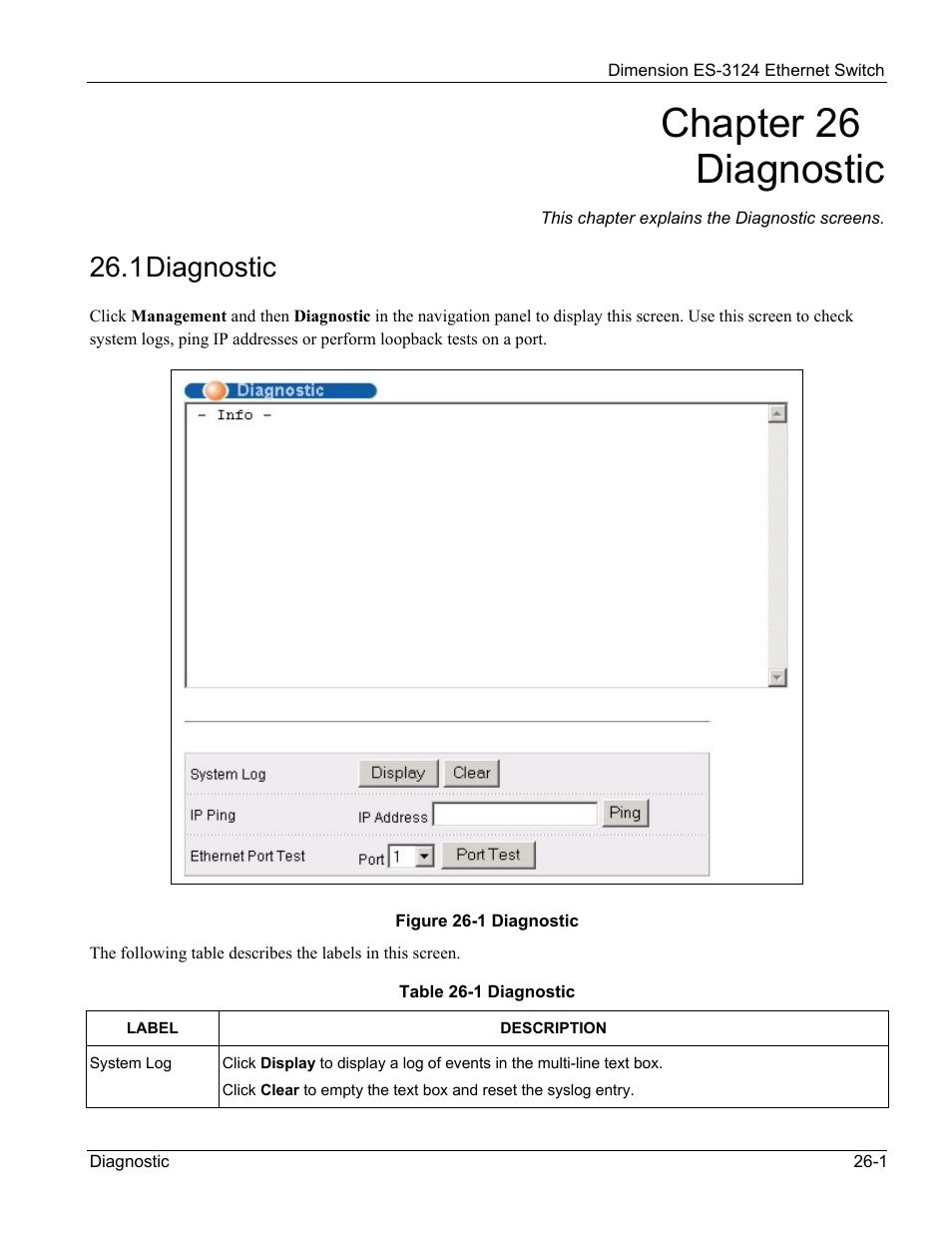 Diagnostic, Chapter 26 diagnostic, 1 diagnostic | ZyXEL Communications ZyXEL Dimension ES-3124 User Manual | Page 195 / 272