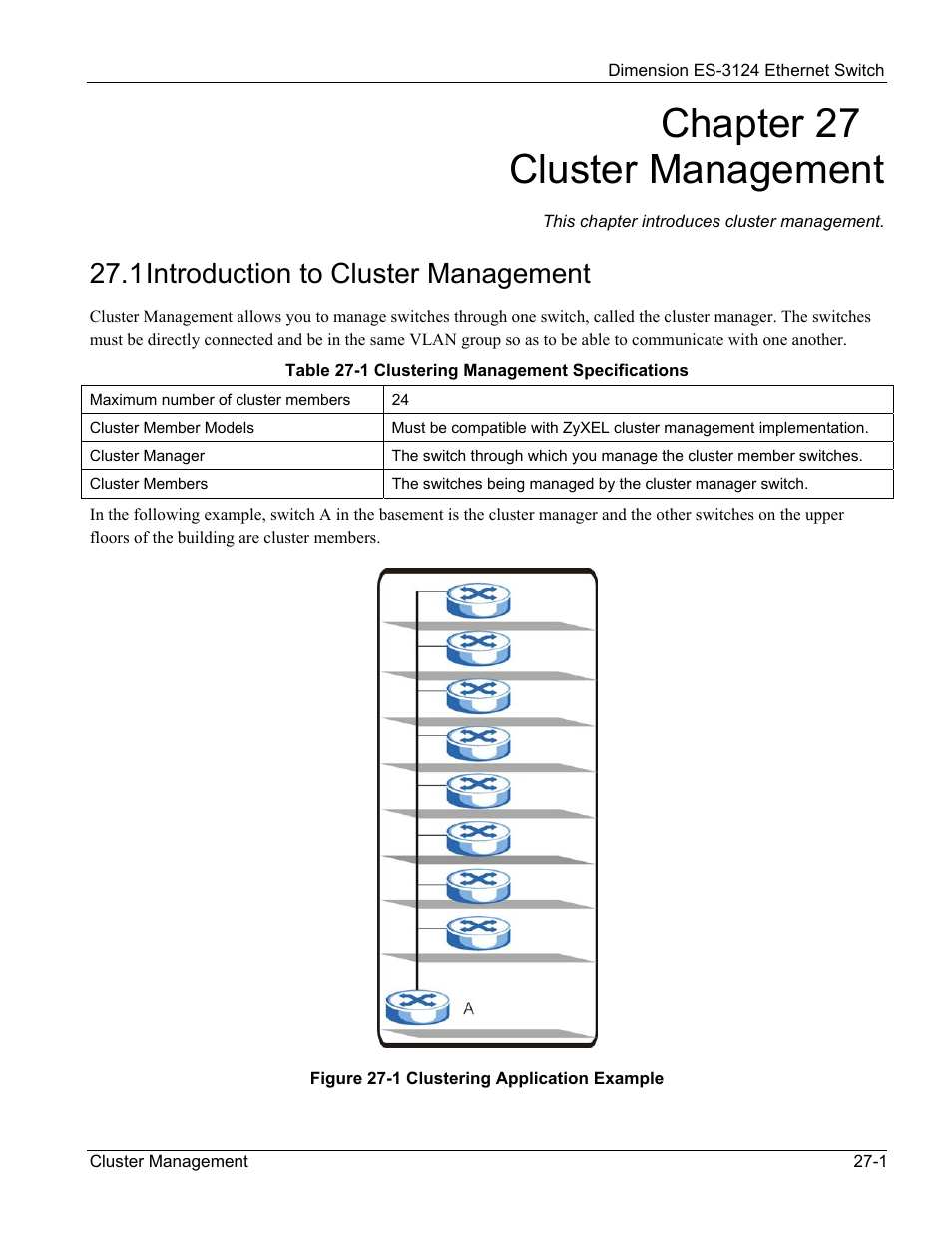 Cluster management, Introduction to cluster management, Chapter 27 cluster management | 1 introduction to cluster management | ZyXEL Communications ZyXEL Dimension ES-3124 User Manual | Page 197 / 272
