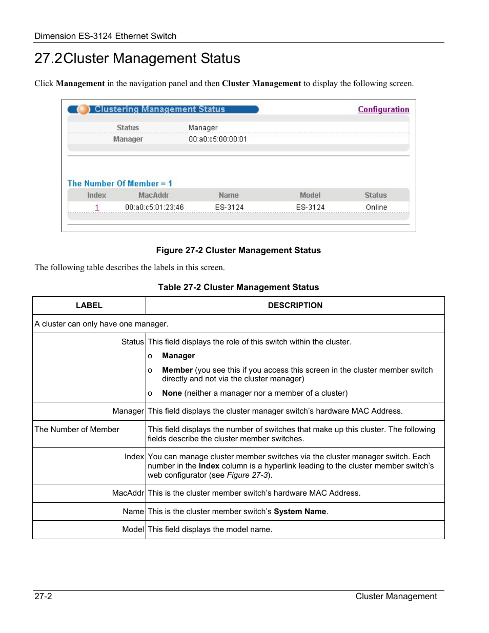 Cluster management status, 2 cluster management status | ZyXEL Communications ZyXEL Dimension ES-3124 User Manual | Page 198 / 272