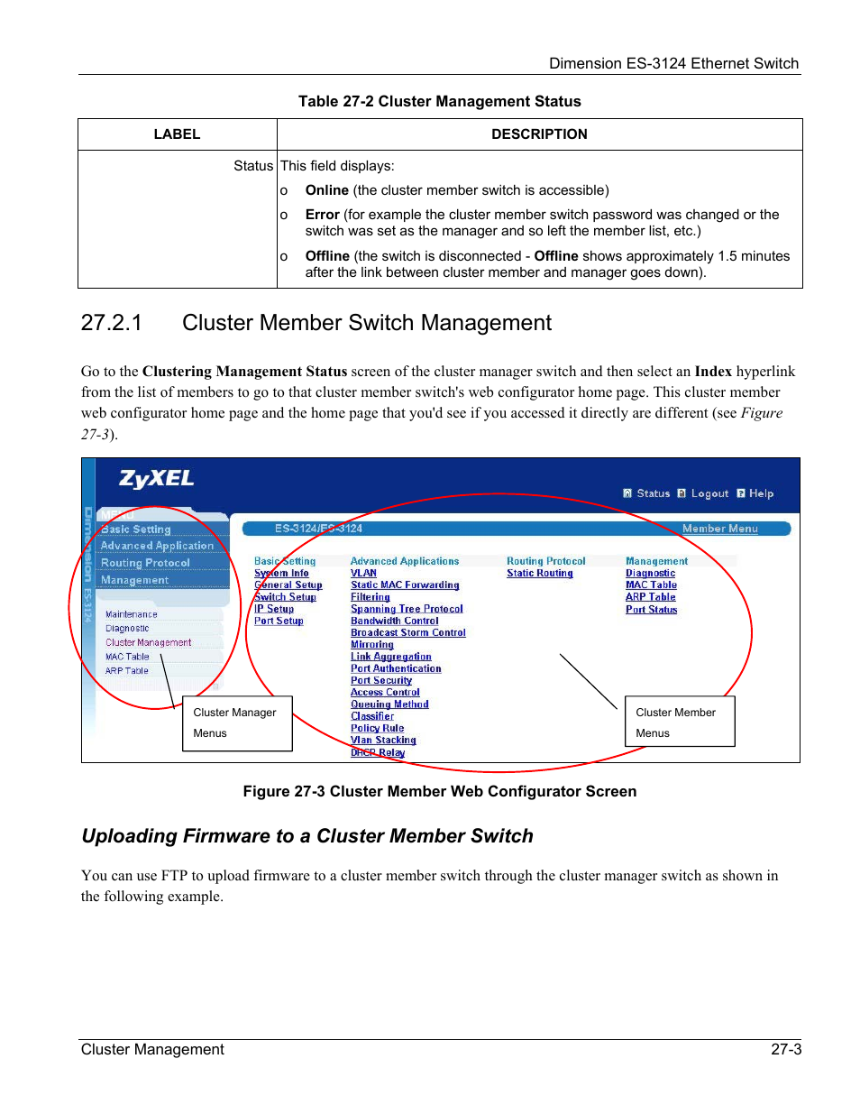 Cluster member switch management, Uploading firmware to a cluster member switch, 1 cluster member switch management | ZyXEL Communications ZyXEL Dimension ES-3124 User Manual | Page 199 / 272