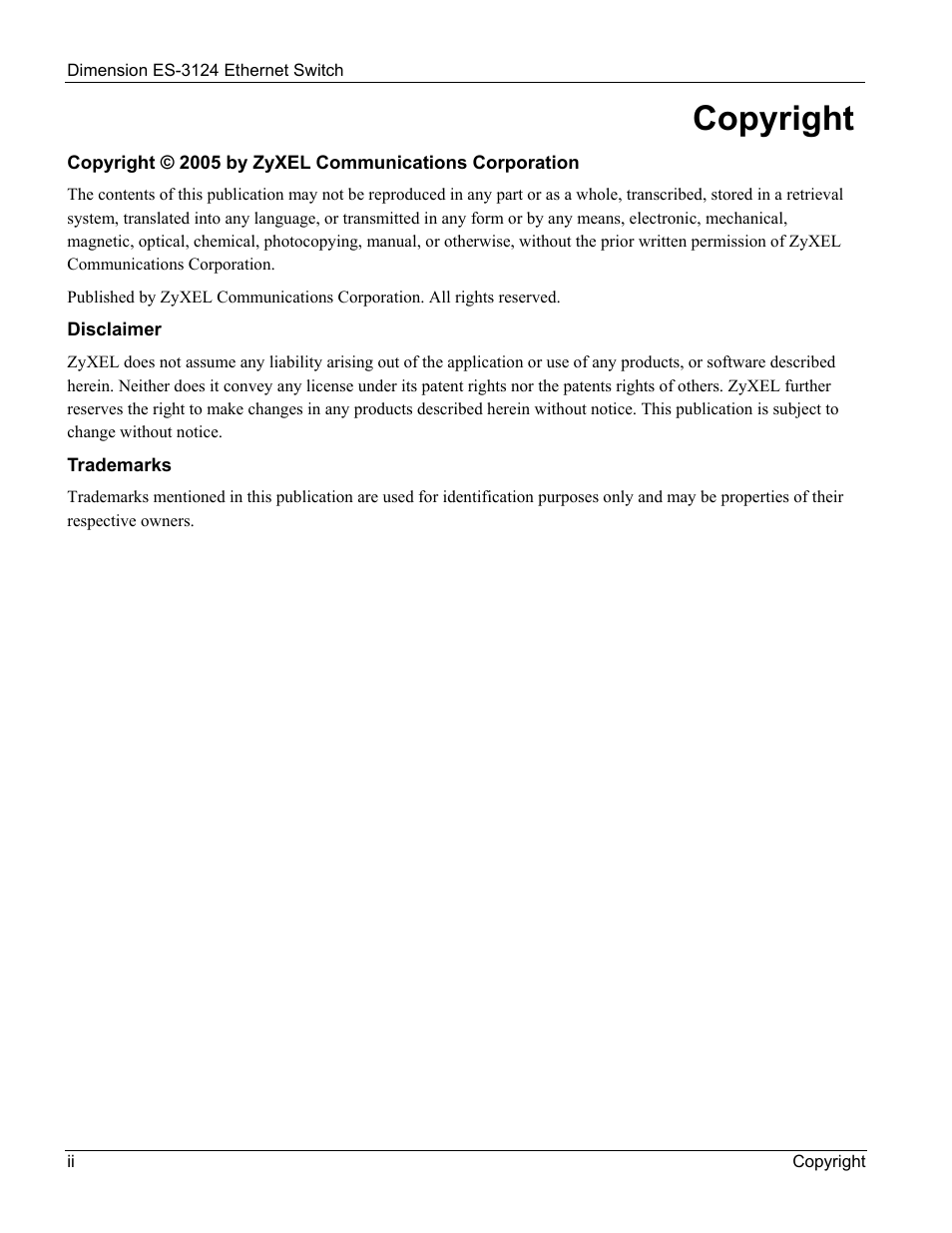 Copyright | ZyXEL Communications ZyXEL Dimension ES-3124 User Manual | Page 2 / 272
