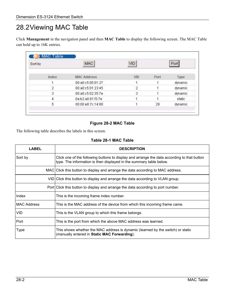 Viewing mac table, 2 viewing mac table | ZyXEL Communications ZyXEL Dimension ES-3124 User Manual | Page 204 / 272
