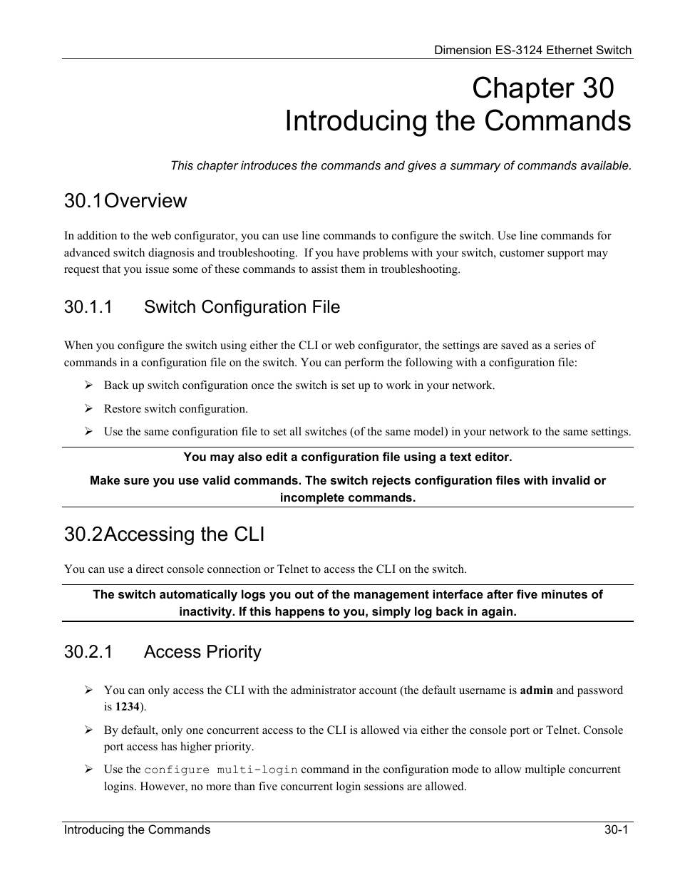 Introducing the commands, Overview, Switch configuration file | Accessing the cli, Access priority, Chapter 30 introducing the commands, 1 overview, 2 accessing the cli, 1 switch configuration file, 1 access priority | ZyXEL Communications ZyXEL Dimension ES-3124 User Manual | Page 209 / 272