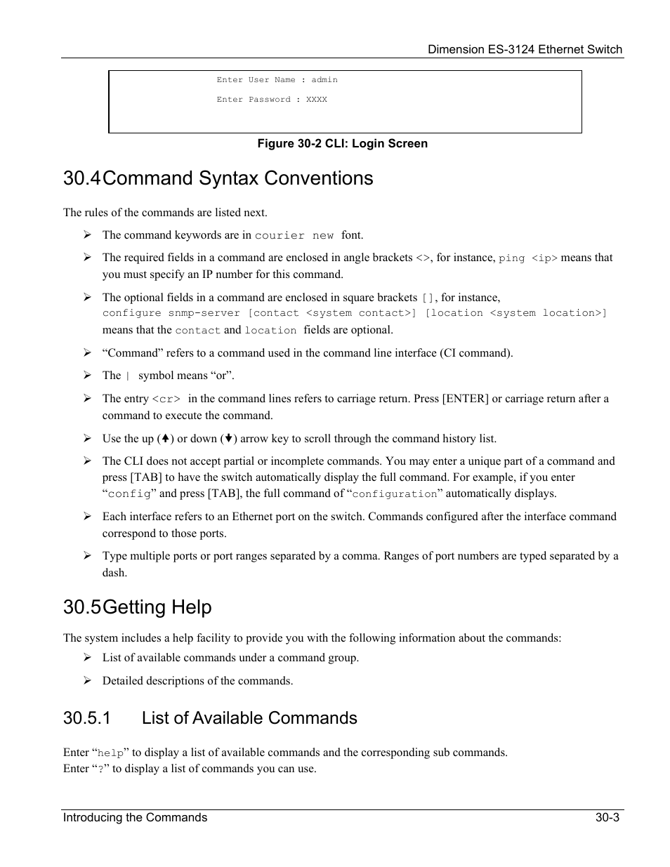 Command syntax conventions, Getting help, List of available commands | 4 command syntax conventions, 5 getting help, 1 list of available commands | ZyXEL Communications ZyXEL Dimension ES-3124 User Manual | Page 211 / 272