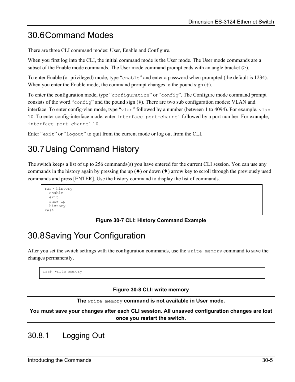 Command modes, Using command history, Saving your configuration | Logging out, 6 command modes, 7 using command history, 8 saving your configuration, 1 logging out | ZyXEL Communications ZyXEL Dimension ES-3124 User Manual | Page 213 / 272