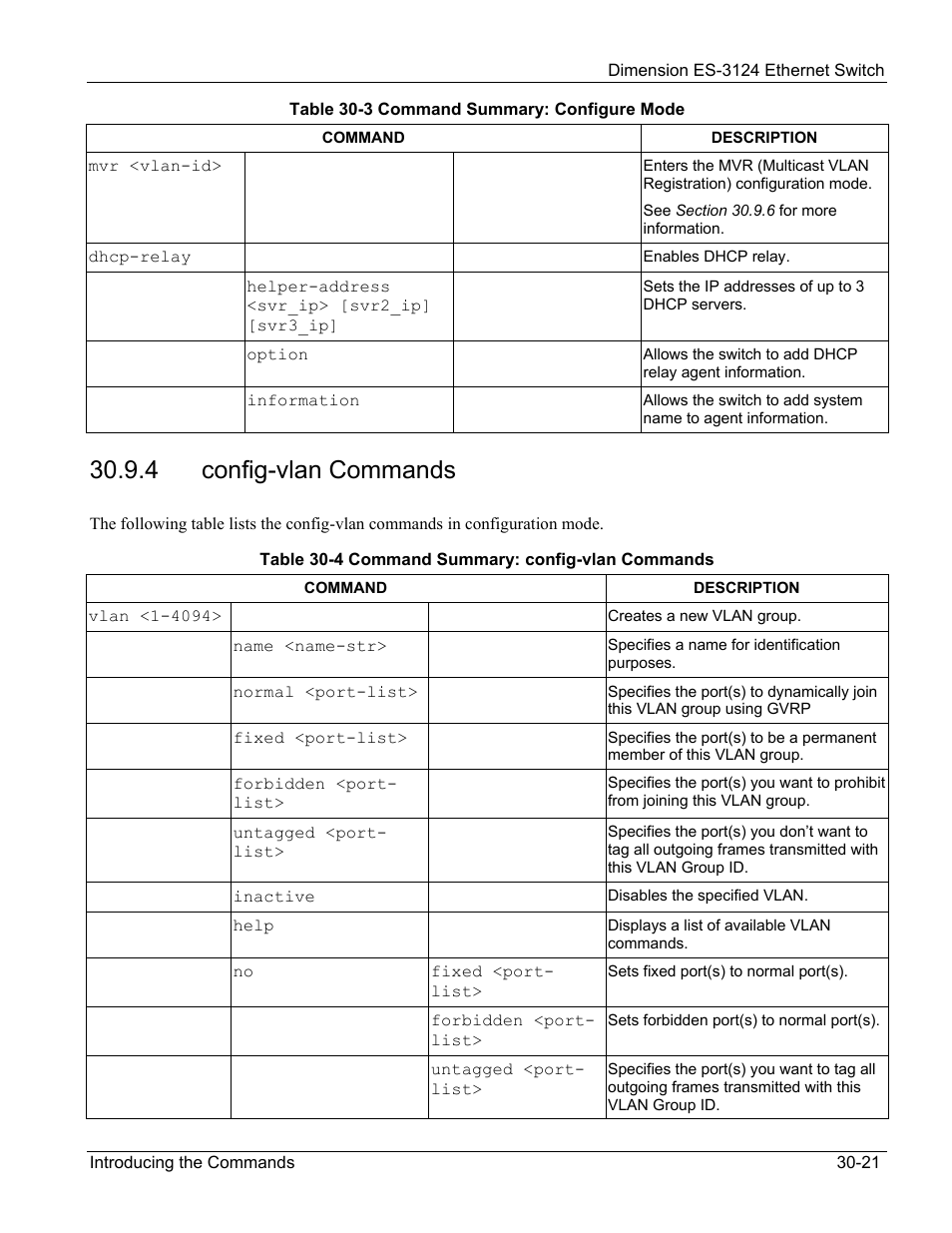 Config-vlan commands, 4 config-vlan commands | ZyXEL Communications ZyXEL Dimension ES-3124 User Manual | Page 229 / 272