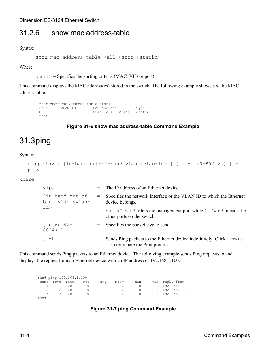 Show mac address-table, Ping, 3 ping | 6 show mac address-table | ZyXEL Communications ZyXEL Dimension ES-3124 User Manual | Page 240 / 272