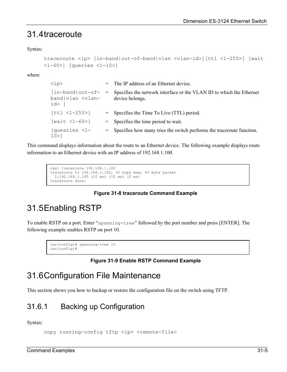 Traceroute, Enabling rstp, Configuration file maintenance | Backing up configuration, 4 traceroute, 5 enabling rstp, 6 configuration file maintenance, 1 backing up configuration | ZyXEL Communications ZyXEL Dimension ES-3124 User Manual | Page 241 / 272